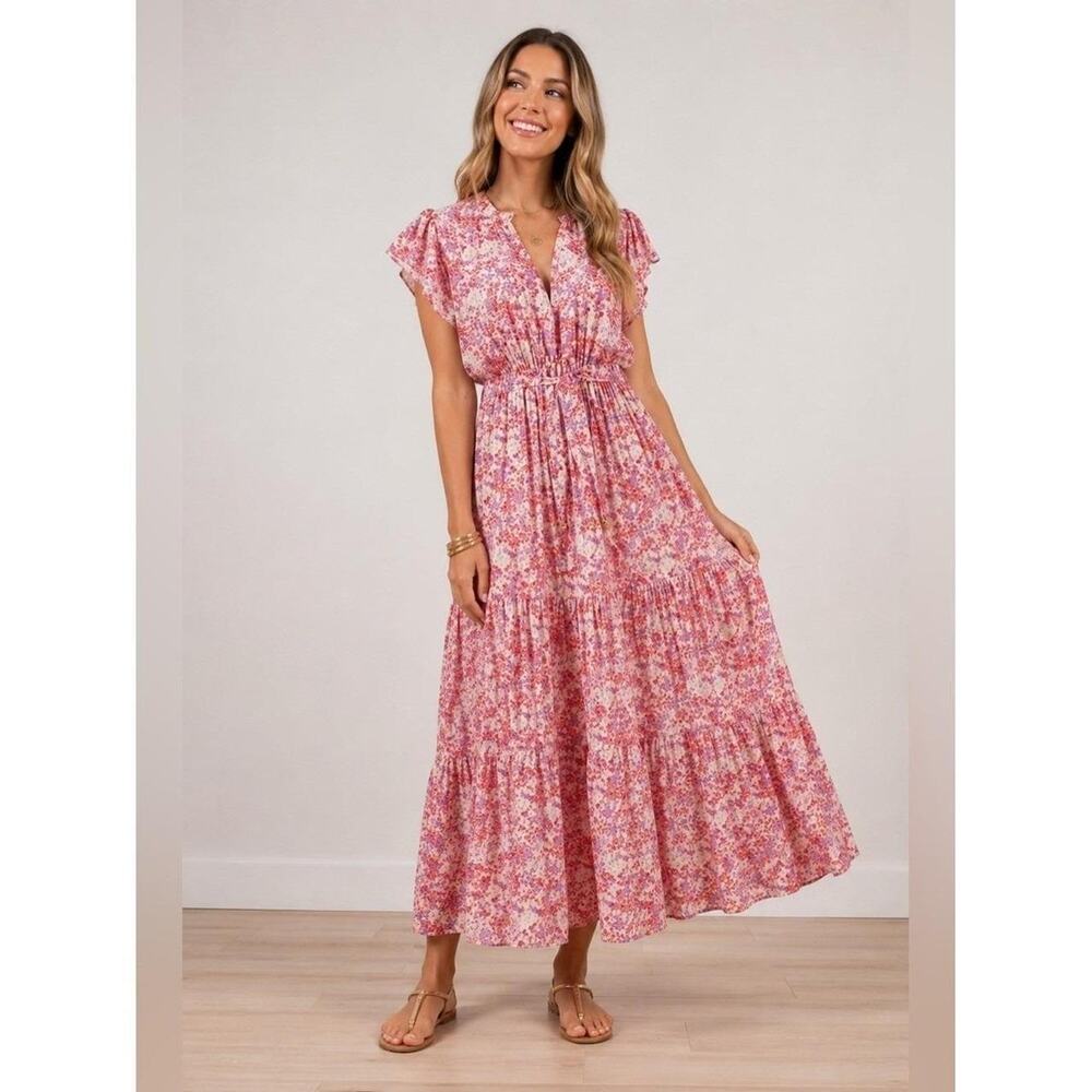 Melissa Odabash Sammy Ditsy Pink Floral Maxi Dress, Sz L, Made In Italy, Resort